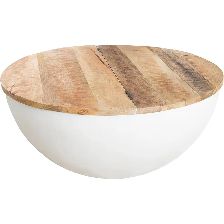 riess-ambiente Couchtisch INDUSTRIAL STORAGE Ø70cm weiß / natur (Einzelartikel, 1-St), Wohnzimmer · Mango-Massivholz · rund · mit Stauraum · Metall · Design