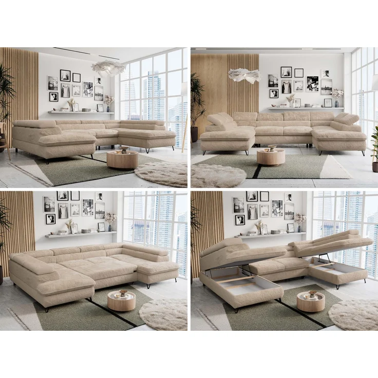 Ecksofa U-Form, mit Bettkasten, Bettfunktion und Einstellbare Kopfstützen, Sofa big XXL - PETER U - Beige Plüsch – Bild 2