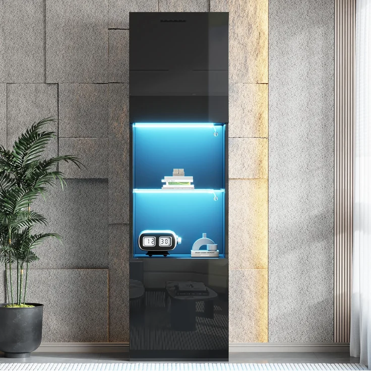 DESVIAE Vitrine mit LED-Beleuchtung, 45x160x35 cm, aus Spanplatte, Schwarz Hochglanz – Bild 2