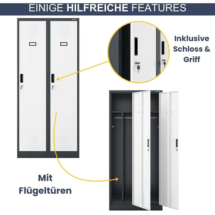 Umkleideschrank Spind WIEN - 2 Abteile, Etikettenhalter Lüftungsschlitze | Umkleidespind Metall Schließfachschrank Garderobenspind, 180x80x50cm Anthrazit-Weiß – Bild 5