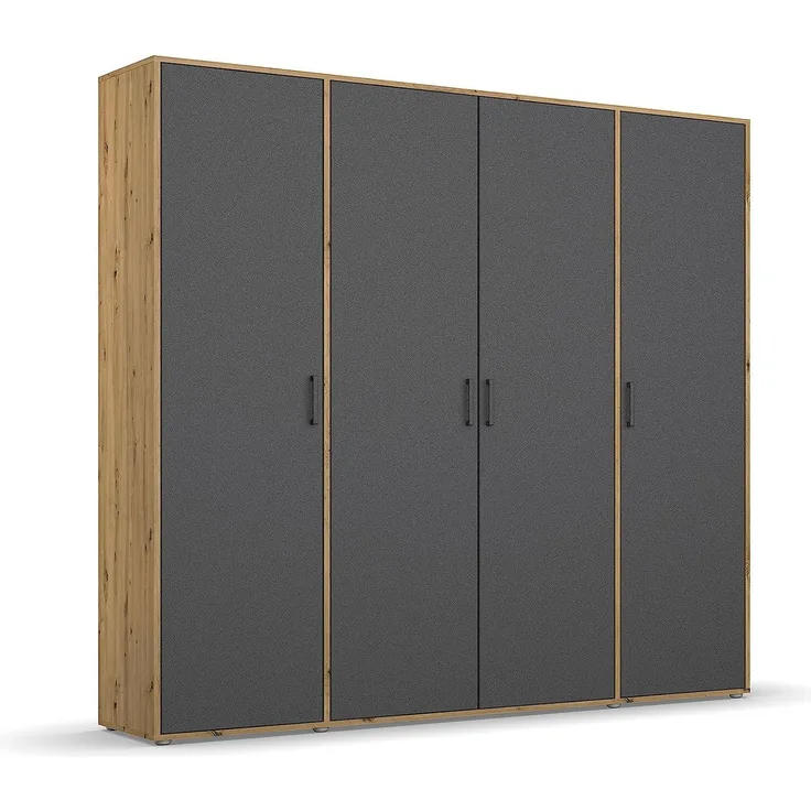 Rauch Möbel Voyager Schrank Kleiderschrank Drehtürenschrank, Graumetallic/Eiche Artisan, 4-türig, inkl. 1 Kleiderstange, 7 Einlegeböden BxHxT 187x194x53 cm
