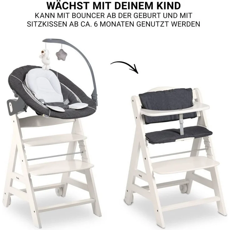 Hauck Hochstuhl Beta Plus White - Newborn Set Deluxe, Holz Babystuhl ab Geburt, Aufsatz für Neugeborene, Sitzkissen, Tisch – Bild 3