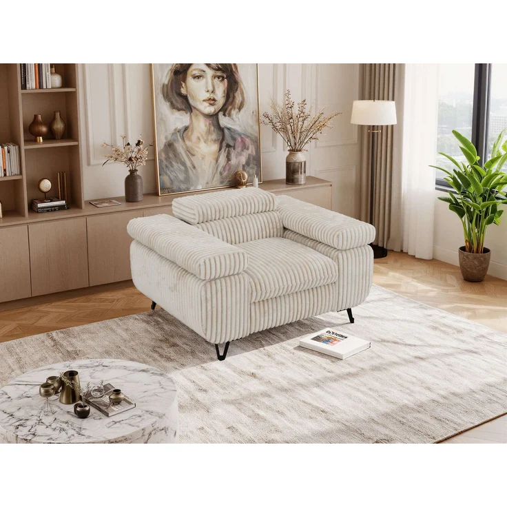 Einzelsessel, Polstersessel PETER mit verstellbaren Armlehnen und Kopfstütze, 1-Sitzer Sofa, Ohrensessel, Wellenfeder - Beige Cord – Bild 5