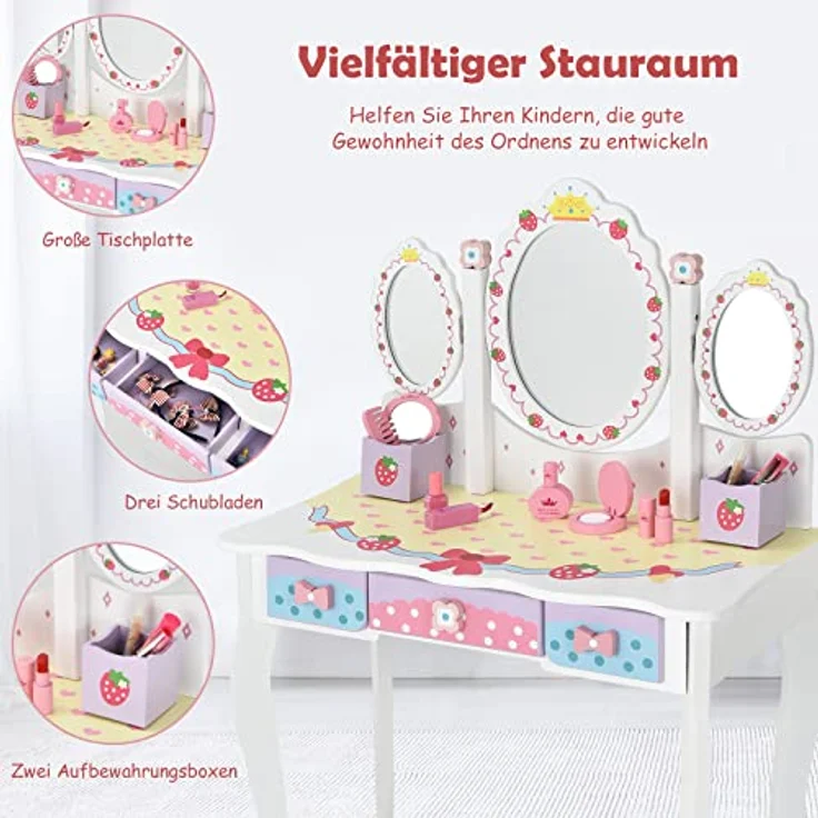 COSTWAY Kinder Schminktisch Set, Prinzessin Frisiertisch mit Klappbarem Spiegel, Schminkhocker und 3 Schubladen, Make-up Schminktisch Frisierkommode für Kinder Mädchen (Weiß) – Bild 5