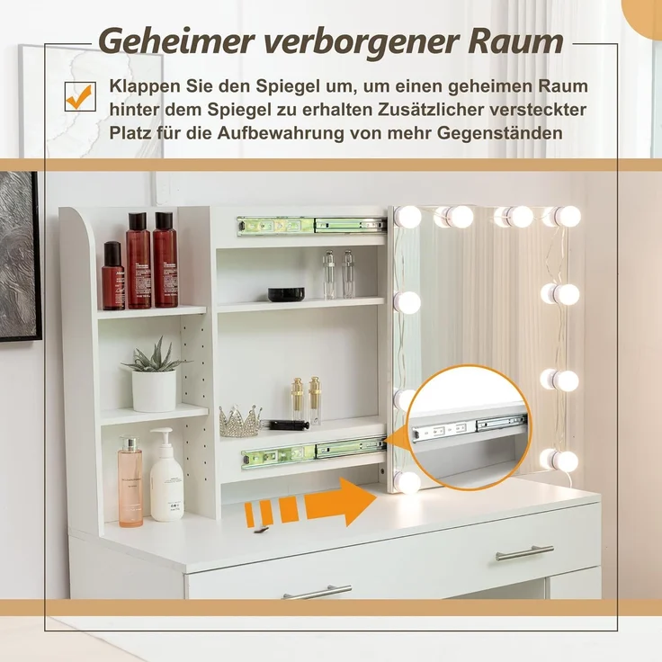 Thanaddo Schminktisch Schminktisch mit Schiebespiegel, 5 Schubladen und offenen Regalen (1 x Schminktisch, 1 x Hocker, 1 x Anleitung), 5 Schubladen, 4 offene Regale, großes Fassungsvermögen – Bild 6