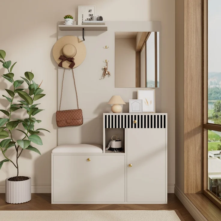 Flurschrank 110x37x185.5cm mit Sitzfläche,Soft-Close,verstellbaren Regalen,Spiegel,Haken,Schubladen,Stauraum,Beige & Creme – Bild 2