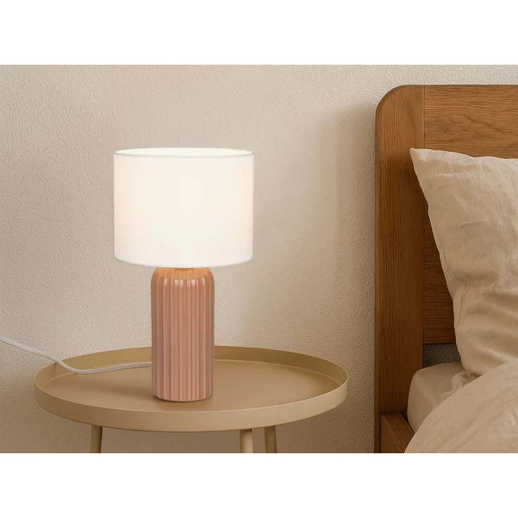 LED Tischleuchte mit Keramikfuß Mocca & Stoffschirm Beige, Höhe 36cm – Bild 5