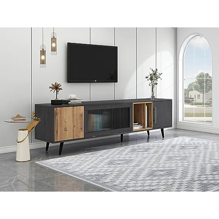 FurnitureR Elegant TV Cabinet,2 Türen + Aufbewahrung,200 x 40 x 55.5 cm,Dark Wood,Gray and Wood Grain,Suitable for 90-inch TV – Bild 5