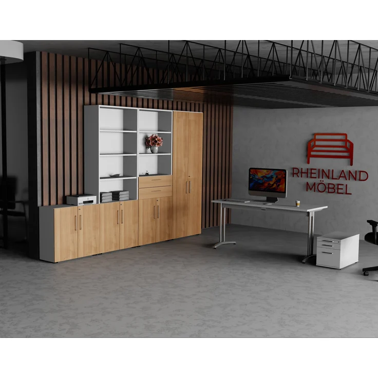 Rheinland Möbel Flügeltürenschrank Cabino 80×42×216 cm – abschließbarer Aktenschrank 6OH in Weiß/Nussbaum mit 110° Drehtüren & Metallgriff – Bild 5