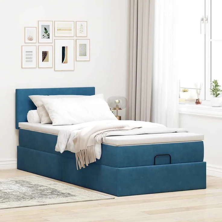 vidaXL Ottoman-Bett mit Matratze & LEDs Dunkelblau 100x200 cm Samt 3312534 – Bild 3