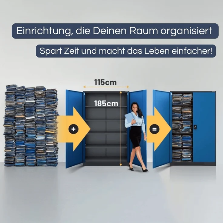 Aktenschrank abschließbar KADO - 5 Ebenen verstellbar, Flügeltüren | Metallschrank Werkstatt Mehrzweckschrank Büroschrank aus Stahl Werkzeugschrank, 185x115x40cm Anthrazit-Blau – Bild 3