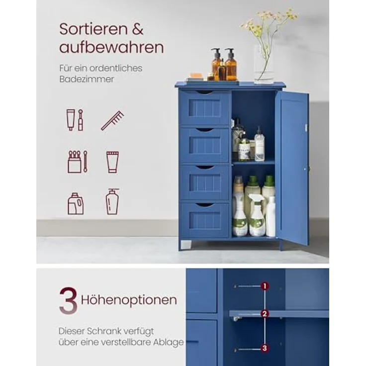 Vasagle Badezimmerschrank, schmaler Badschrank, Beistellschrank, Kommode, mit Schubladen, Schranktür, verstellbare Ablage, x x cm,, Hafenblau, 3 – Bild 6