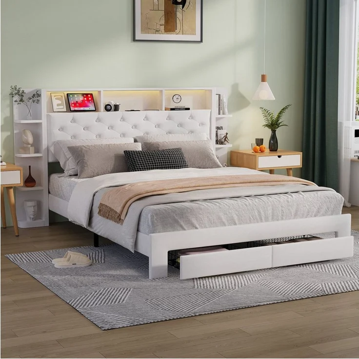 FUROKOY Stauraumbett Weiß Polsterbett Doppelbett mit 2 Schubladen (Set, 1-tlg, Stauraum Kopfteil), Funktionsbett, Samtstoff, Ohne Matratze, 160x200cm – Bild 1