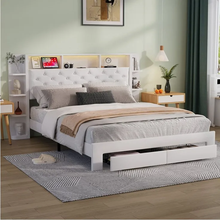 FUROKOY Stauraumbett Weiß Polsterbett Doppelbett mit 2 Schubladen (Set, 1-tlg, Stauraum Kopfteil), Funktionsbett, Samtstoff, Ohne Matratze, 160x200cm