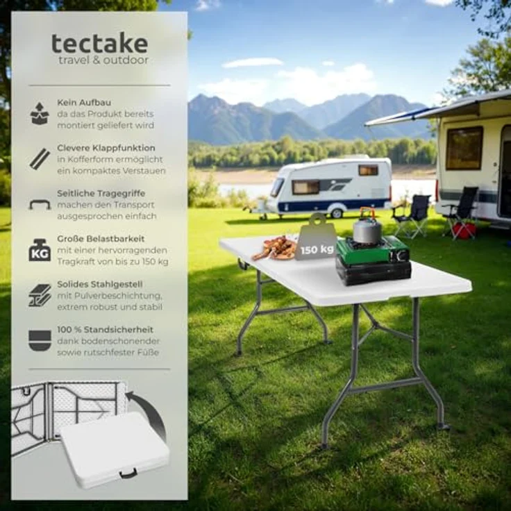 tectake® Klapptisch, Campingtisch mit Trageschlaufe, Gartentisch klappbar, Anti-Rutsch Füße, robust, leicht zu reinigen, 183 x 76 x 74 cm, Tisch für Garten, Terrasse, Balkon, Camping und Picknick – Bild 5