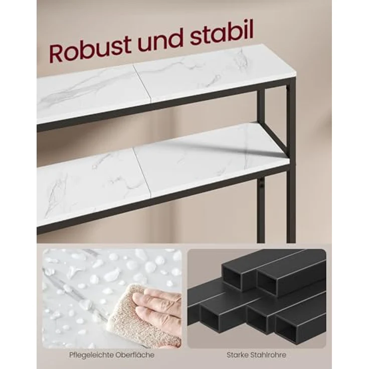 VASAGLE Konsolentisch, schmaler Sofatisch mit 2 Ablagen, 20 x 120 x 80 cm, Flurtisch, 2 Ebenen, für Flur, Wohnzimmer, Schlafzimmer, marmorweiß-tintenschwarz LNT133W59 – Bild 5