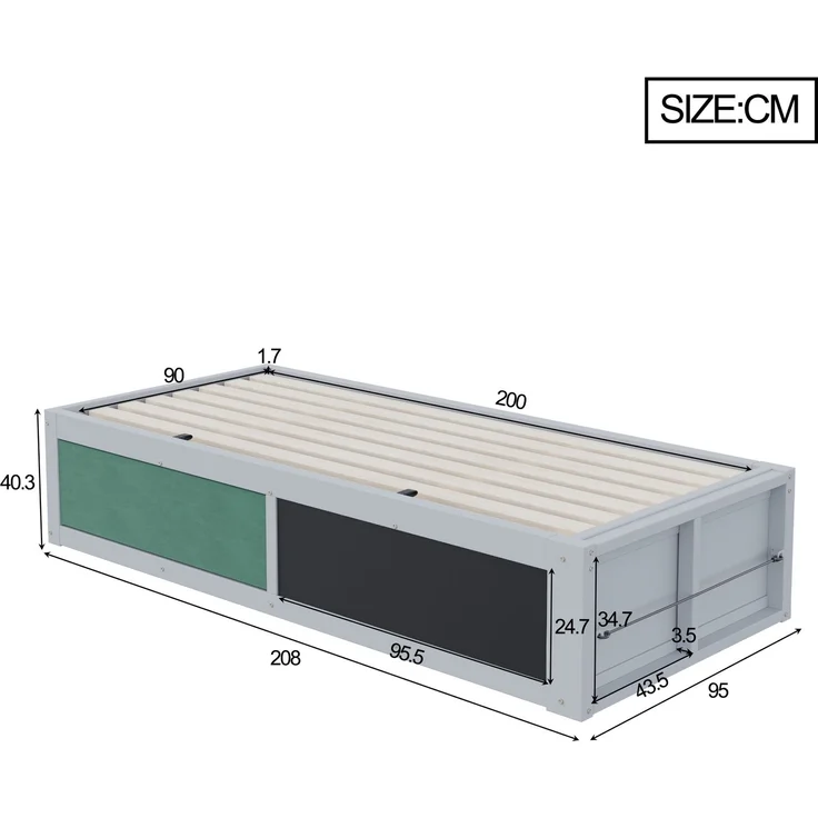 EINHOM Holzbett 90 x 200 cm, Holz, mit Hydraulischer Verstellung, Schreibplatte und Filzbezogener Oberseite, mit Stauraum für Bücher, Links/Rechts Montierbar, Einzelbett, Kinderbett, Grau, (Ohne Matratze) – Bild 2
