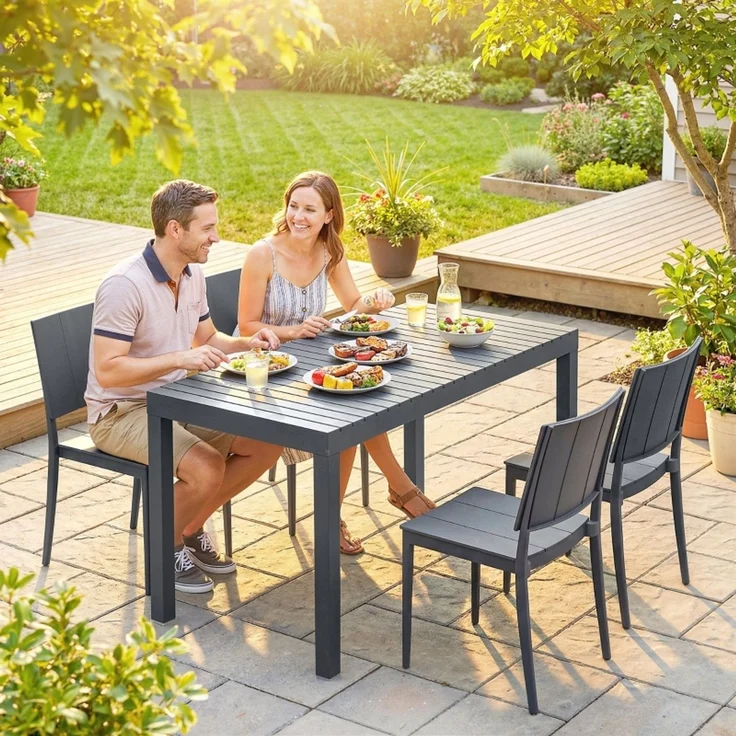 Gartenmöbel Set Sitzgruppe 5-teilig Breiter Tisch mit 4 Stapelstühlen Lamelldesign für 4 Personen – Bild 8