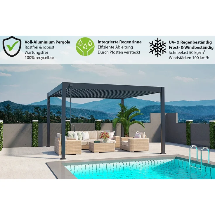 Weide Deluxe Plus | Pergola Voll Aluminium freistehend | 4 x 4 M | Lamellendach anthrazit – Bild 4