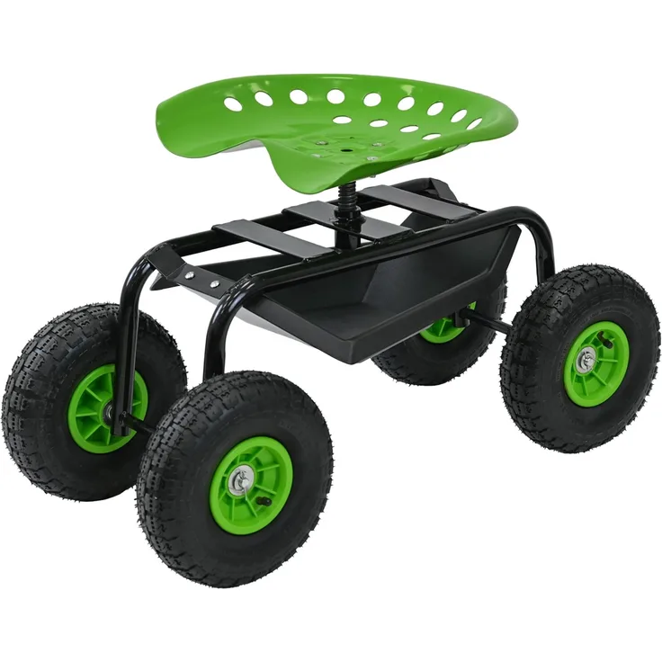 Gartenscooter mit Ablage Stahl 150 kg Sitzhöhe 44-52 cm Sitz 360° drehbar Lufträder in Schwarz-grün