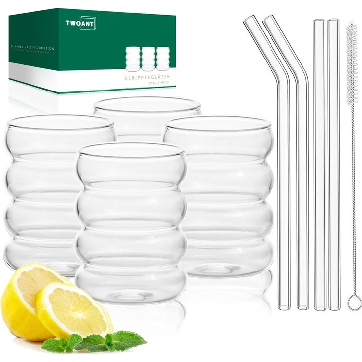 350ml Gerippte Longdrinkgläser 4er Set Cocktailgläser mit Strohhalmen