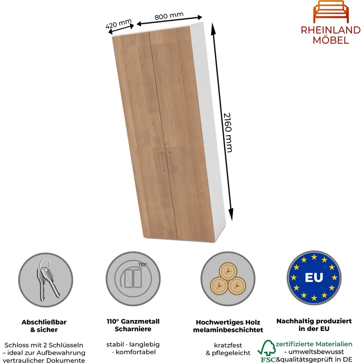 Rheinland Möbel Flügeltürenschrank Cabino 80×42×216 cm – abschließbarer Aktenschrank 6OH in Weiß/Nussbaum mit 110° Drehtüren & Metallgriff – Bild 2