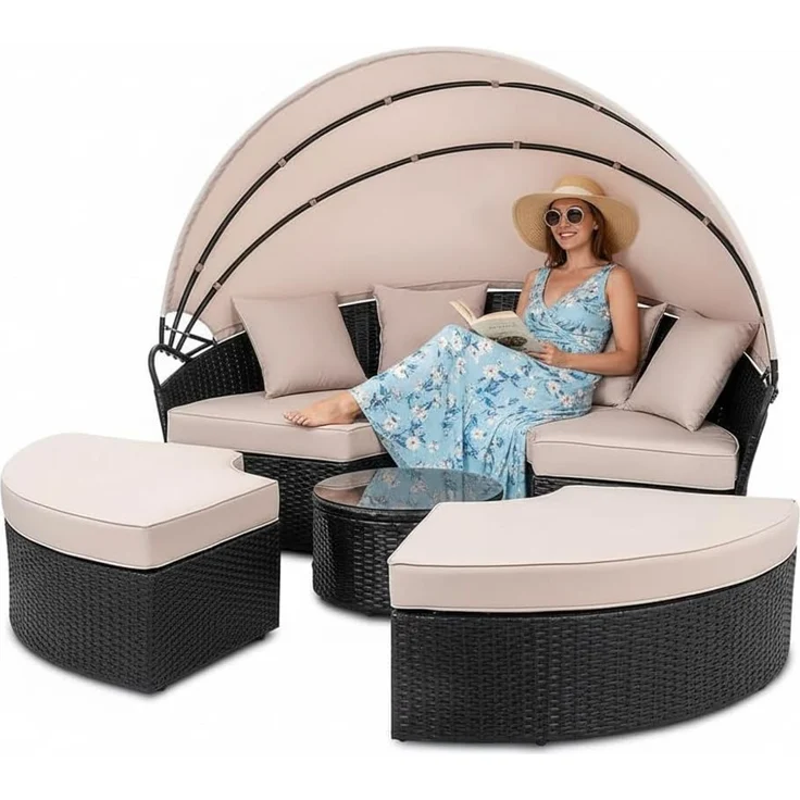 Melko Gartenlounge-Set Polyrattan Sonneninsel Tisch & Kissen 180CM Strandkorb Set, (Stück), Wasserabweisend – Bild 1