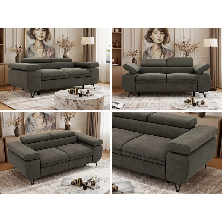 2-Sitzer Polstercouch PETER mit verstellbaren Armlehnen und Kopfstütze, Gepolsterte Couch, Wellenfeder - Dunkelgrau Velvet – Bild 2
