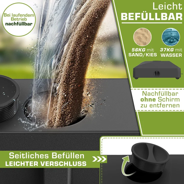 tillvex® Sonnenschirmständer GRAVIA mit Rollen & Bremsen Schwarz | Schirmständer befüllbar 37 Liter / 56 kg | Schirmgewicht Sonnenschirm & Marktschirm Ø 1,8-3,7m | Ampelschirmständer wetterfest – Bild 4