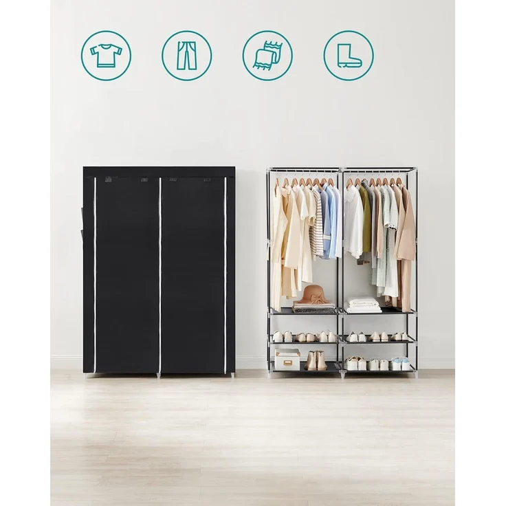 Songmics Kleiderschrank, 2 Hängefächer, mit Ablagen, 4 Seitentaschen, Stoff schwarz, 45 x 127 x 176 cm – Bild 2