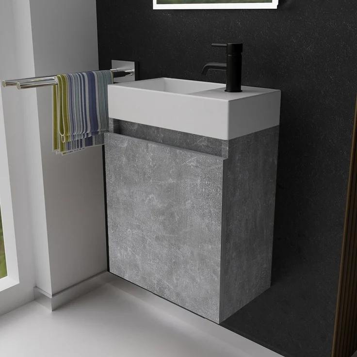 Alpenberger Badmöbel-Set Gäste WC Waschbecken mit Unterschrank - Badschrank Hängend, (Waschbeckenunterschrank mit Softclose, 2-tlg. Waschtisch Set Cement), Waschplätze für Kleine Bäder - Badschrank Hängend + Vormontiert – Bild 1