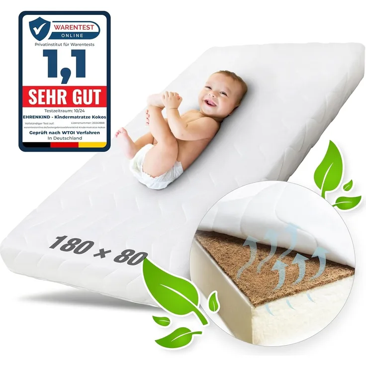 Ehrenkind® Kindermatratze Kokos | Baby Matratze 80x180 | Babymatratze 80x180 mit hochwertigem Schaum, Kokosplatte und Hygienebezug