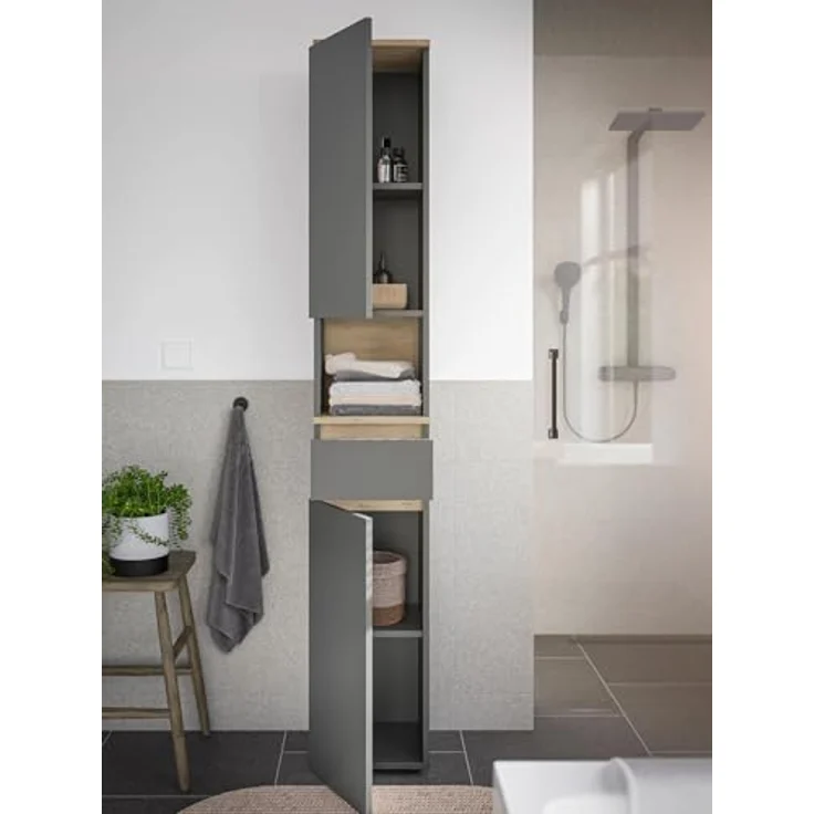 moebel-dich-auf Hochschrank LONDRES (Hochschrank mit Türen, Schublade und offenem Fach, B/H/T: 30/190/30 cm) in kaschmir oder anthrazit, Absetzung: Cremona Eiche – Bild 4
