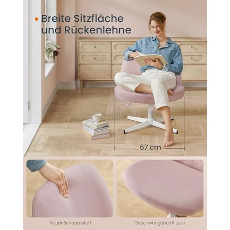 Songmics HOME Bürostuhl, Schreibtischstuhl, Drehstuhl, breite Sitzfläche zum Sitzen im Schneidersitz, modern, mit Kreuzfuß/Fußkreuz, höhenverstellbar, Wippfunktion, für Büro, Homeoffice, pastellrosa OBGDE046R01 – Bild 5