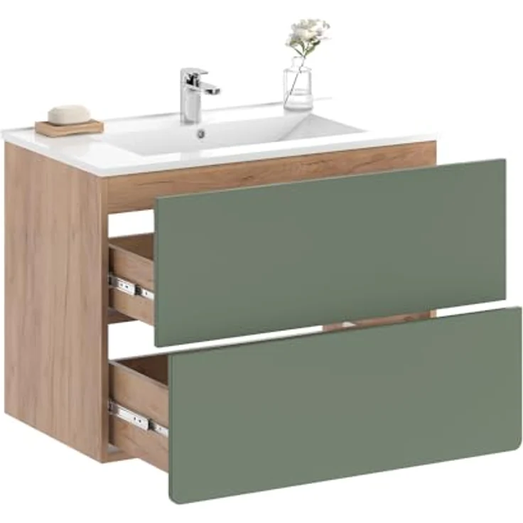 Vichy Badmöbelset Izan, 2-teiliges Badmöbel-Set in Goldkraft Eiche/Grün mit Waschbeckenunterschrank und Spiegelschrank mit Beleuchtung – Bild 6