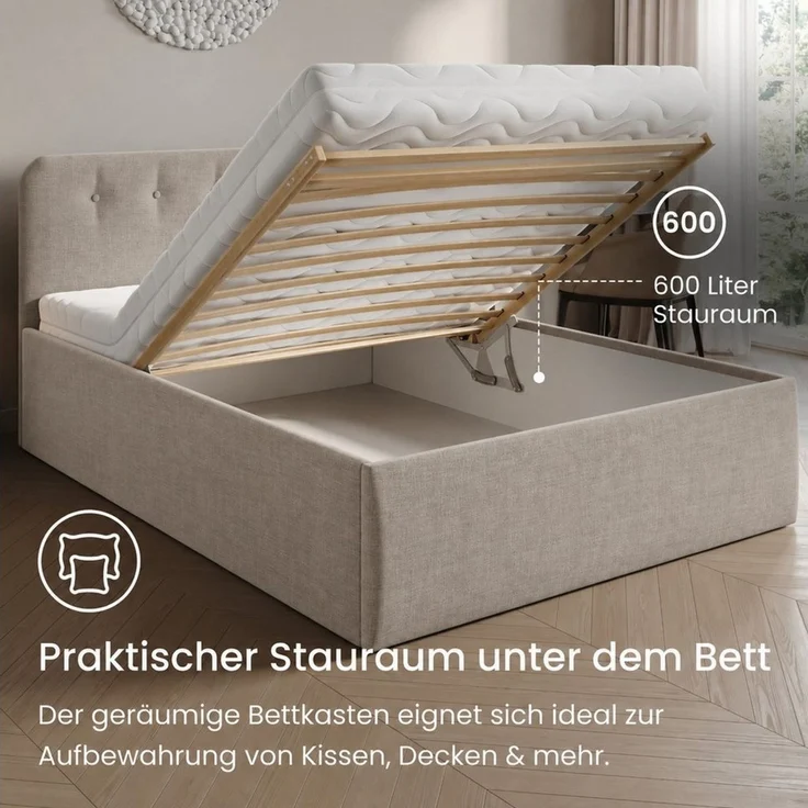 Home Collective Polsterbett Bett mit Stauraum, verstellbarem Lattenrost, viele Größen (Größen: 100x200 120x200 140x200 160x200 180x200 200x200, hochwertiger Strukturstoff, made in Germany), modernes Design mit hochwertigem Strukturstoff Creme – Bild 4