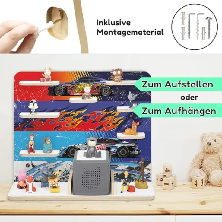 stadtecken Holzregal für Musikbox I Geeignet für die Toniebox und ca. 50 Tonies I Perfekte Tonie Aufbewahrung im Kinderzimmer I Zum Aufstellen oder Aufhängen I Racer, groß – Bild 8