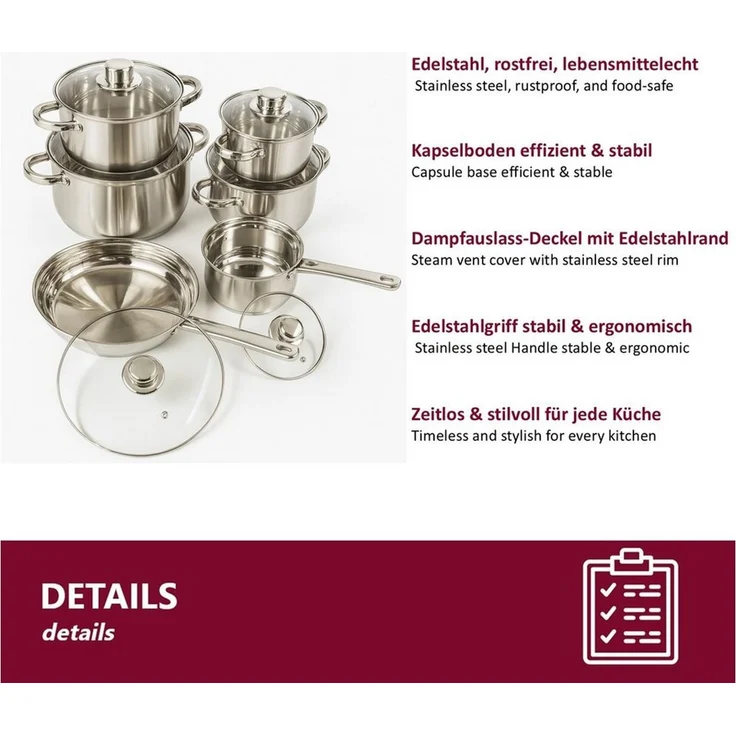 HOOZ Topf-Set Edelstahl Topfset 12-teilig – Für alle Herdarten inkl. Induktion, Edelstahl (Set, 5-tlg, 12-teiliges Edelstahl-Topfset für alle Herdarten inkl. Induktion), Für alle Herdarten inkl. Induktion, stapelbar & mit Glasdeckeln – Bild 3