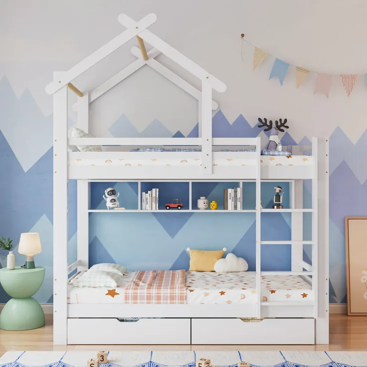 Etagenbett 90x200 cm, Haus-Design in Weiß mit Schubladen, Regalen & Sicherheitsgittern, ohne Matratzen