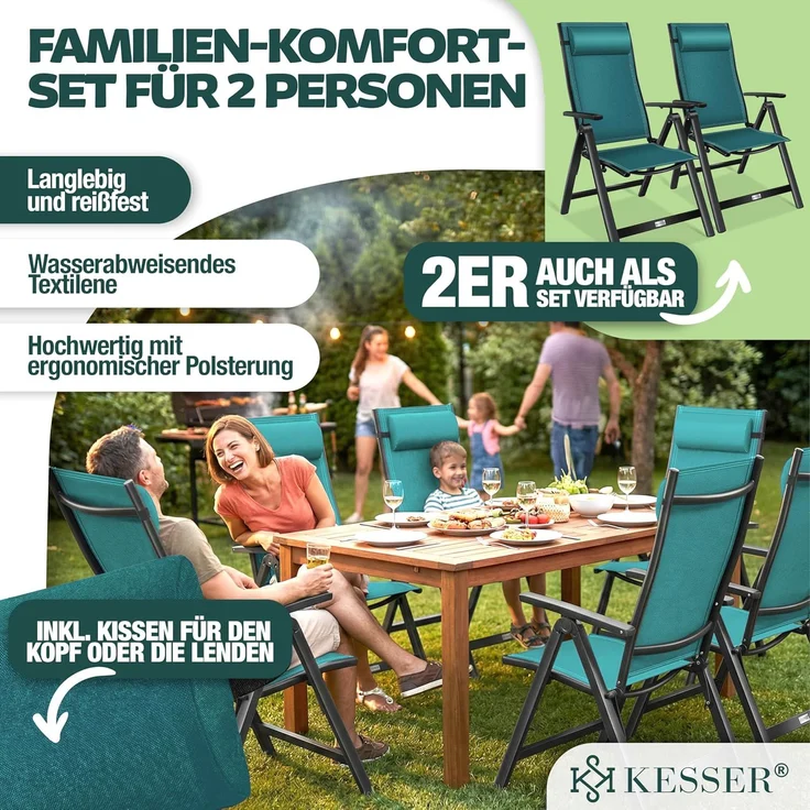 KESSER® Gartenstuhl Hochlehner mit Armlehnen | Aluminium Klappstuhl inkl. Kopfkissen Campingstuhl 7-Fach Verstellbar Rückenlehne | Atmungsaktiv & Wetterfest | Klappbar & Anti-Rutsch 2 Stück, Petrol Grün – Bild 3
