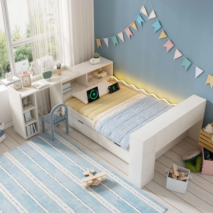 Tagesbett mit Liegefläche 90×200 cm, Schubladen und LED-Beleuchtung, Weiß, ohne Matratze