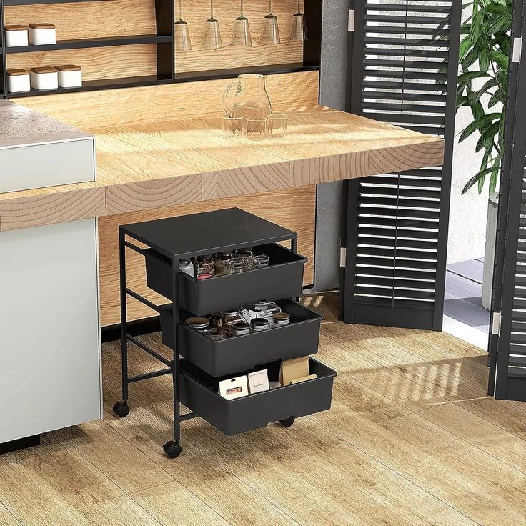 HOMCOM Servierwagen mit Rädern, 3-Lagerkörben und Stahlrahmen, (Rollwagen, 1 St, Aufbewahrungswagen), für Küche, Wohnzimmer, 40,8 x 33,5 x 60,5 cm, Schwarz – Bild 2