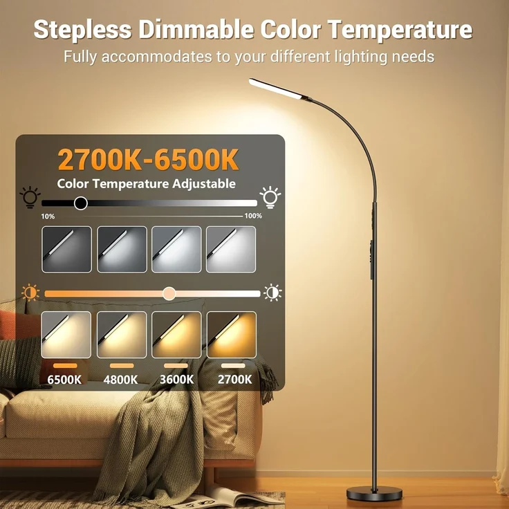 YICAIZI Stehlampe Wohnzimmer - 18W LED Dimmbar Stehende Lampe mit Fernbedienung, 1200Lumen Stehend Leselampe mit 4 Farbtemperaturen & 4 Helligkeiten für Schlafzimmer, Büro, Schwarz – Bild 2