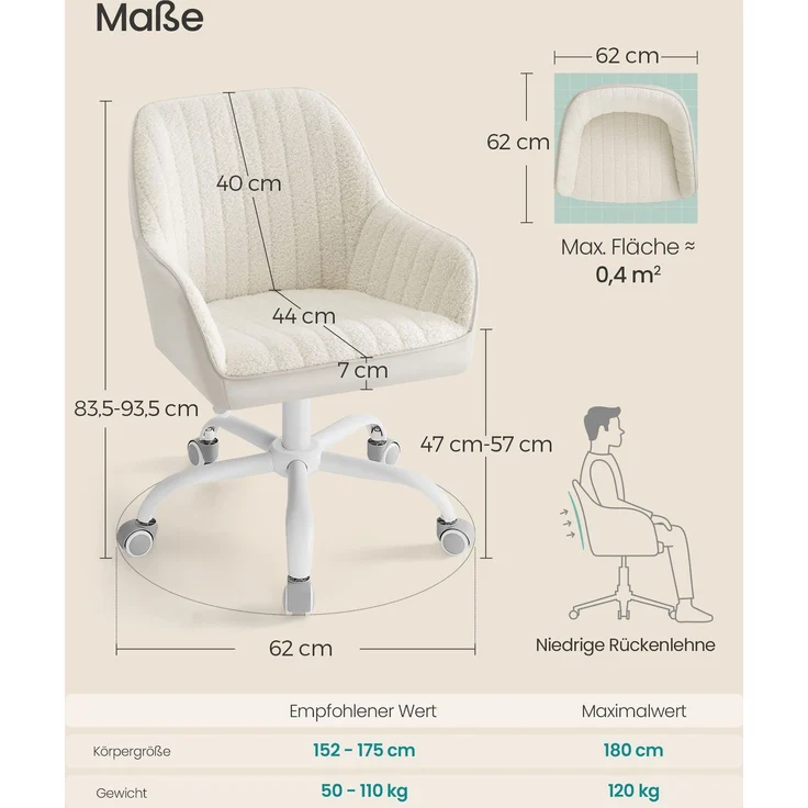 Songmics Bürostuhl, höhenverstellbar, beige, 64x62 x (80-90) cm – Bild 5