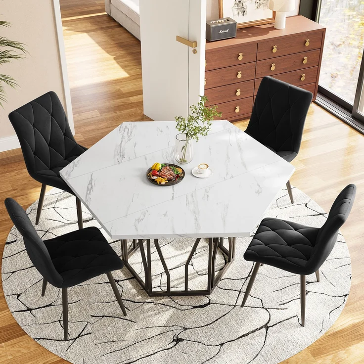 Sechseckiger Esstisch 115.5×100 cm mit 4 Samtstühlen, modernes Esszimmer-Set, ergonomisch, MDF Tischplatte, Metallgestell – Bild 2