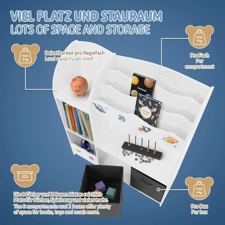 Joyz Spielzeugtruhe Kinderregal Kindermöbel Kinderzimmerregal Spielzeug Spielzimmer Möbel, Weltraum Bücherregal mit 8 Ablagen & 2 Boxen Pressspan / Vlies – Bild 6