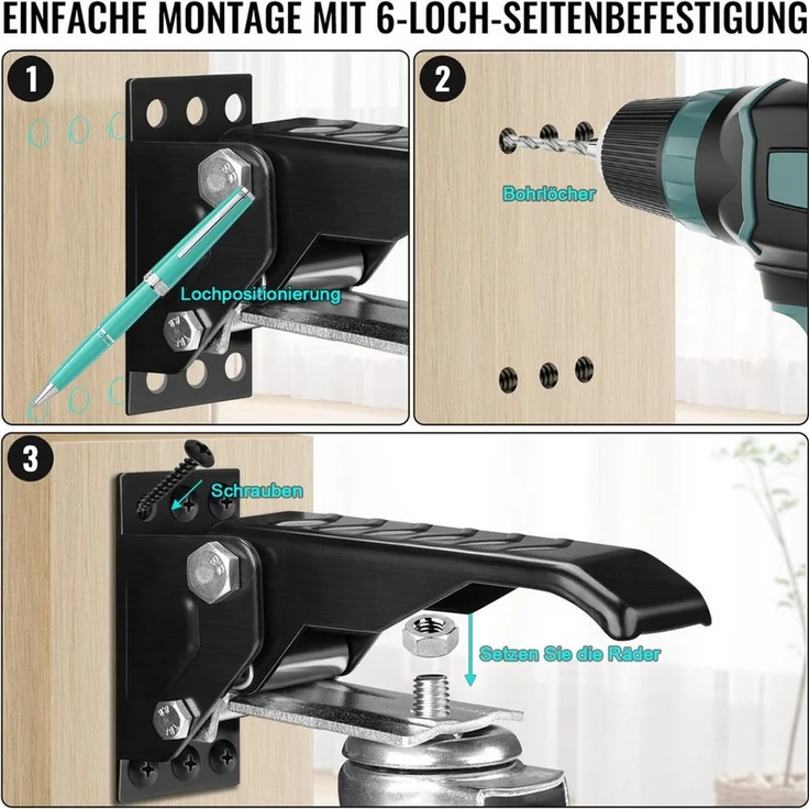 XERSEK Lenkrolle 4X Absenkbar Werkbank Werkbankrollen 50mm max. 150kg Heberollen, (Möbelrollen Schwerlastrollen Lenkrollen 360°, 4-St, Drehbar Versenkbare Rollen Transportrollen), für Werkbänke, Tische, Schränke, Maschinen – Bild 4