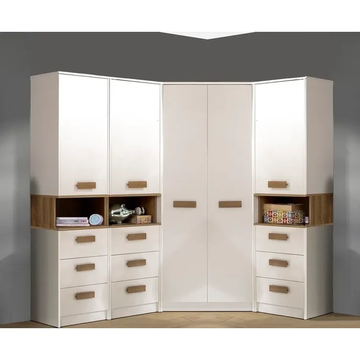 Marmex Möbel Grant Set-42B Eckkleiderschrank Möbelset – Moderaner Schlafzimmerschrank mit viel Stauraum, Schubladen und Türen, laminierte Spanplatte, weiß + riviera Eiche, 143/195x195x40 cm
