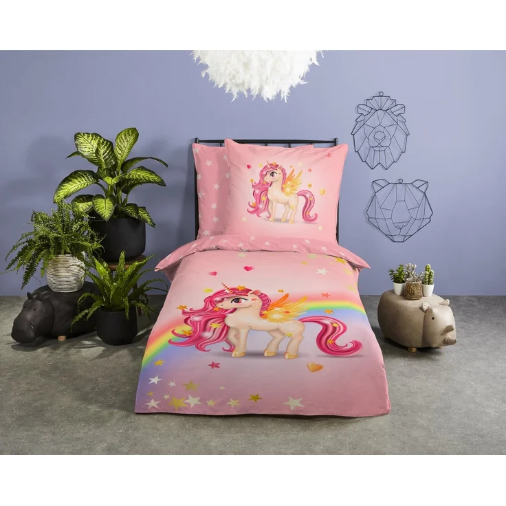 Soma Renforcé Bettwäsche Regenbogen Set 2 teilig Bettbezug 135x200cm Kopfkissenbezug 80x80cm Einhorn pink – Bild 2