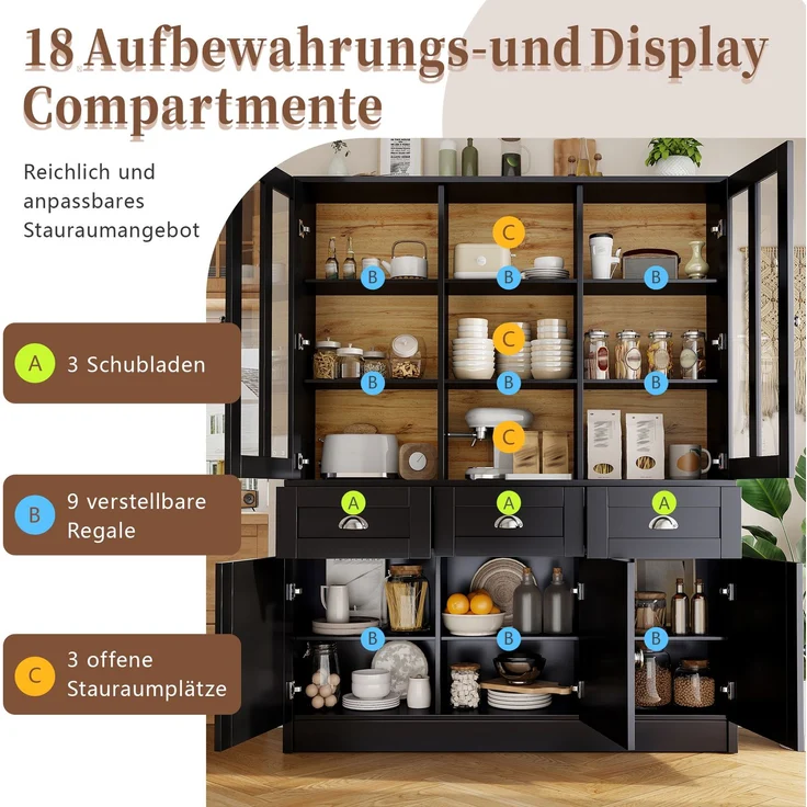 Hochschränke fürs Wohnzimmer(140×38.5×175cm), Vitrinenschrank,Küchenschrank,Esszimmerschrank mit Schubladen, Moderner Minimalistischer Hochschrank, Standvitrine für Küche Wohnzimmer Esszimmer, Schwarz – Bild 5